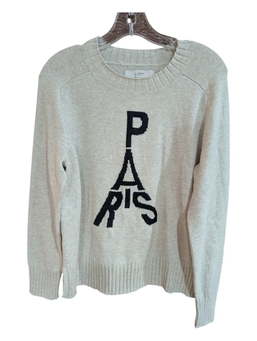 Loft Pullover Ivory Cream Black Paris Graphic Knit Crew Neck Sweater Sz M *NWT - Picture 2 of 9